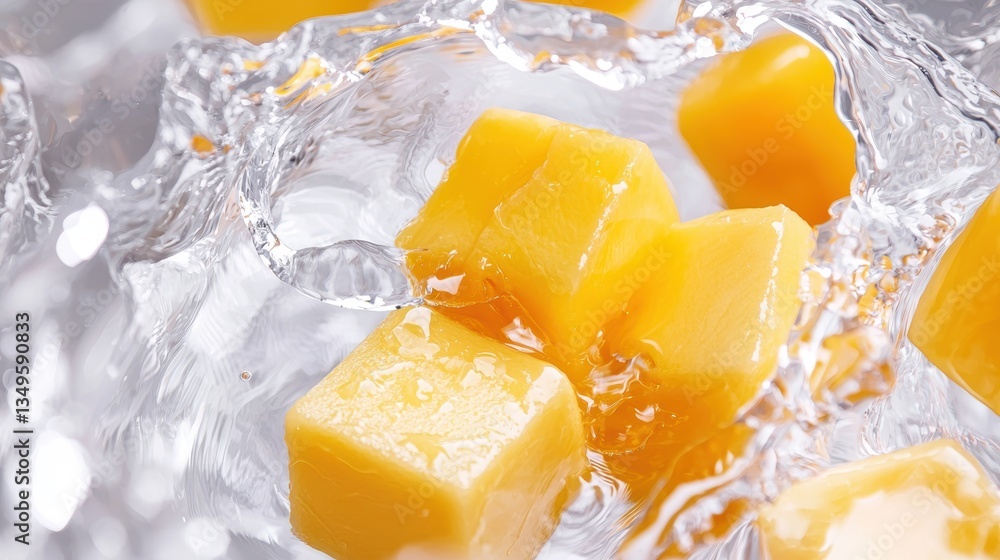 Poster a vibrant image of yellow ice cubes splashing in clear water, creating dynamic ripples and droplets.