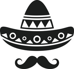 Mexican Sombrero and Mustache Vector - Festive Cultural Icon in Black