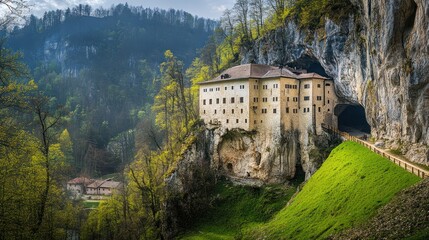 Cave castle cliffside spring tourism Slovenia