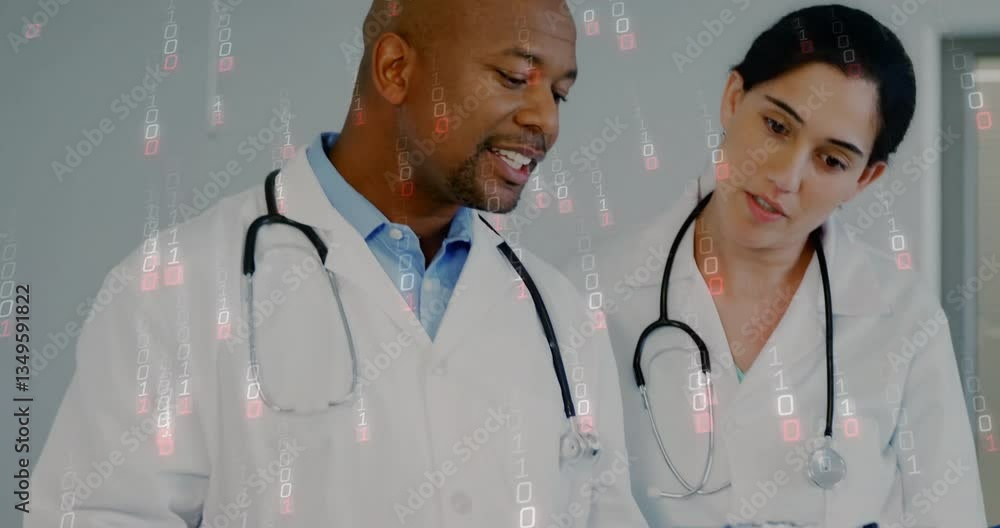 Poster reviewing information, doctors with binary code animation overlay in hospital office