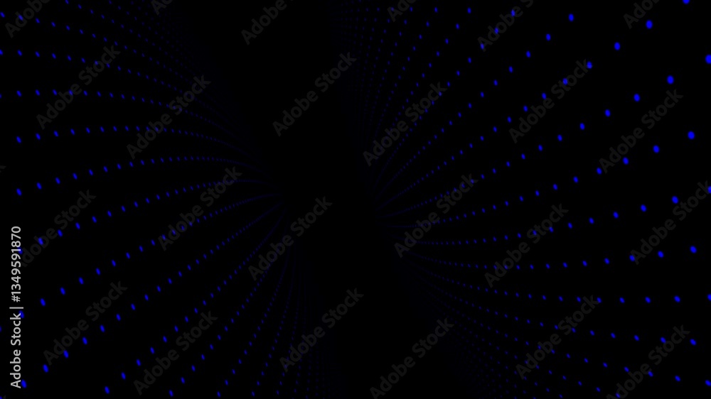 Poster abstract motion graphics: deep blue dot pattern spiraling on a black background