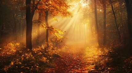 Obraz premium Enchanting Sun Ray in Autumn Fantasy Forest
