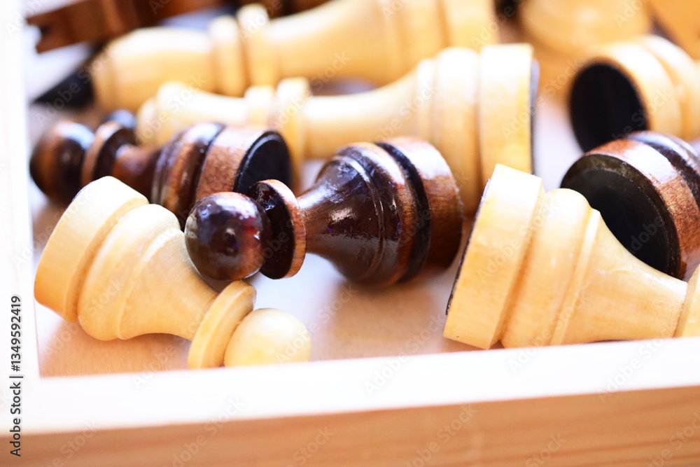 Poster close-up view of chess pieces inside a box.