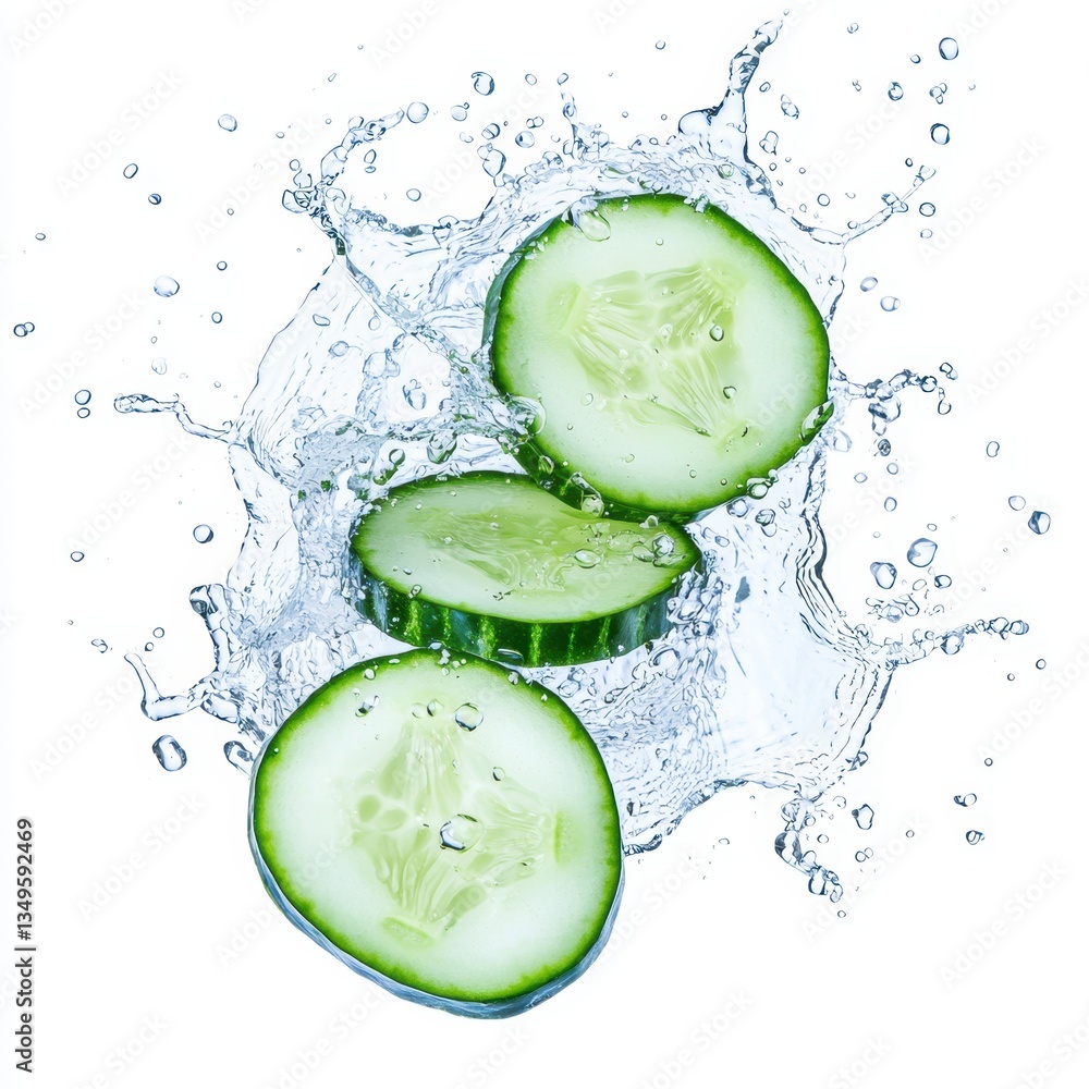 Poster fresh cucumber slices create a splash in water, showcasing their crisp texture and vibrant color.