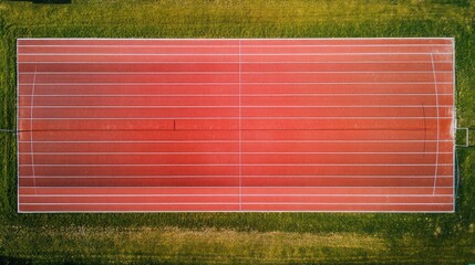 Aerial view empty red running track, green field, sunny day, sports training