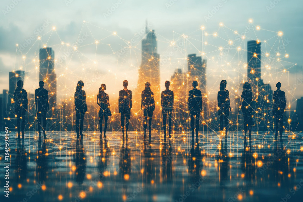 Poster a group of people standing in a city with a network of lines connecting them