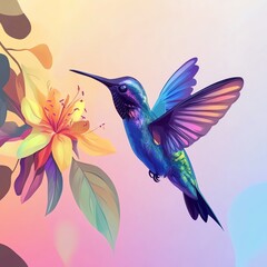 Obraz premium Hummingbird Flying Near Flower with Bright Colorful Wings Illustration