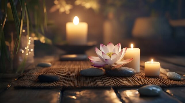 Serene spa candles lotus flowers wellness setting