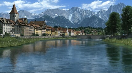 Fototapeta premium Picturesque Alpine Town Reflecting on River