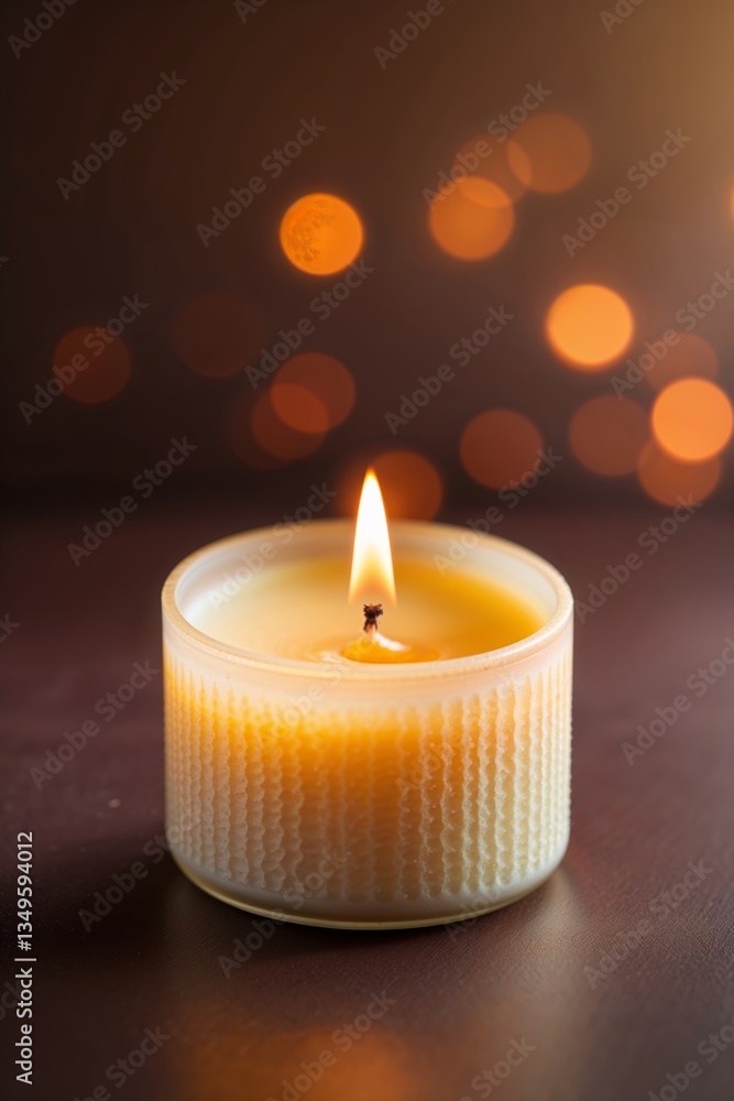 Poster candle burns softly in a warm setting, creating a cozy atmosphere with glowing bokeh lights in the b