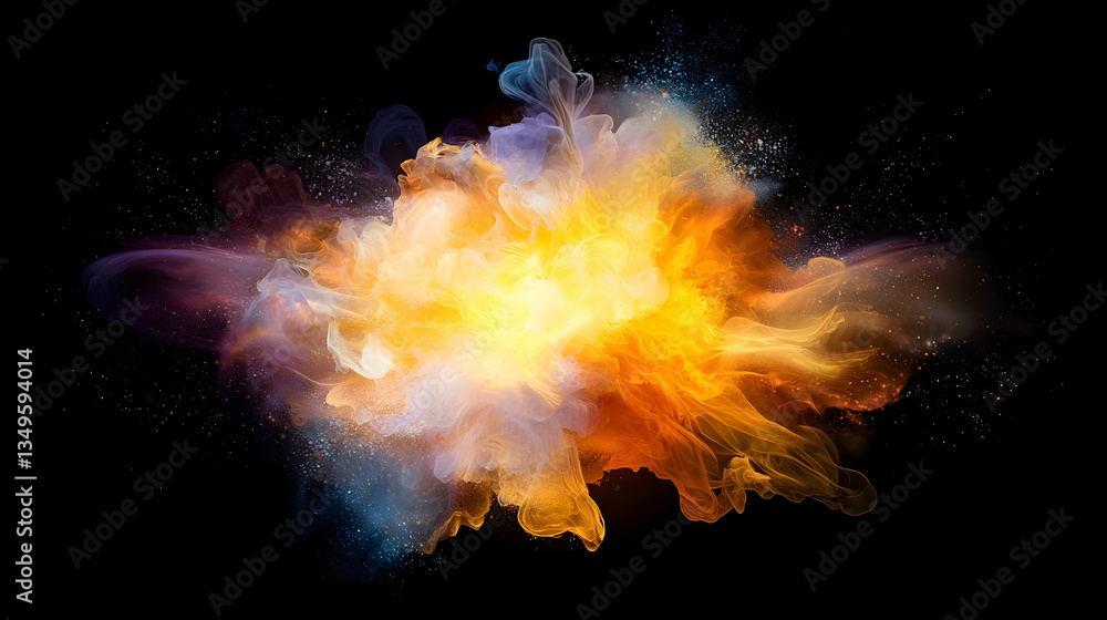 Poster exploding colorful abstract formation against black background with bright yellow center and smoke e