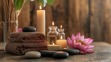 Spa relaxation candles, stones, towels, wood
