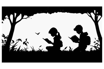 Silhouette, children reading, boy and girl,on  grass under tree.