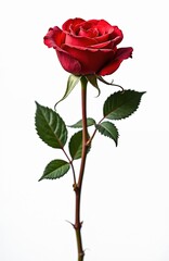 Fototapeta premium Red rose isolated on white background. Beautiful single flower with stem, green leaves. Perfect for romantic designs, Valentines Day cards, wedding invitations, love messages, floral arrangements.