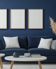A modern living room featuring a navy blue wall, a comfortable couch with pillows, a minimalist coffee table, and empty frames for artwork.