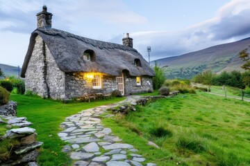 Fototapeta premium Peaceful Thatched Cottage In Rolling Green Fields