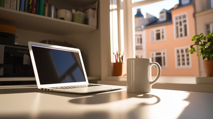 Fototapeta premium Cozy Home Office with Laptop, Coffee Mug, and City View Remote Work, Freelance, Workspace, Daylight