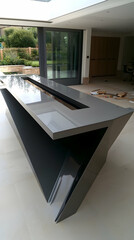 Modern kitchen island design, outdoor patio view, home renovation project, contemporary interior