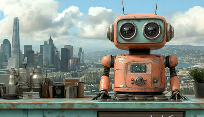 Fototapeta premium Orange robot with googly eyes stands on a bar overlooking a city skyline with bottles, boxes, and a plant