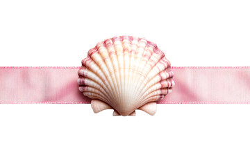 Seashell with Pink Ribbon, Isolated Nautical Decoration, cut out transparent