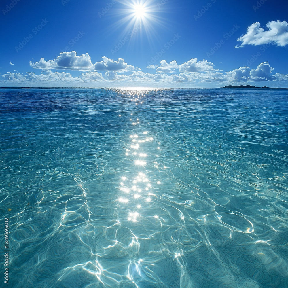 Poster sunlight reflecting on the ocean surface with clouds in the sky and distant land visible on the hori