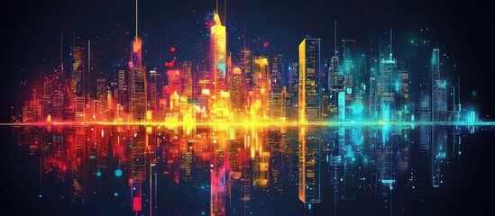 A vibrant cityscape glows reflecting in a dark reflective surface