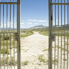 Fototapeta premium Open gate leading to desert path, mountains in background; freedom, escape concept