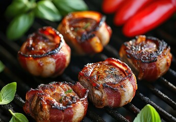 Deliciously Grilled Bacon-Wrapped Meatballs with Fresh Basil and Colorful Peppers on a Charcoal Grill, Perfect for Summer Barbecues and Gatherings
