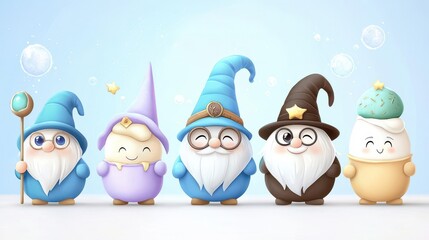 Obraz premium Playful gnomes with colorful hats on a light background, ideal for whimsical designs.