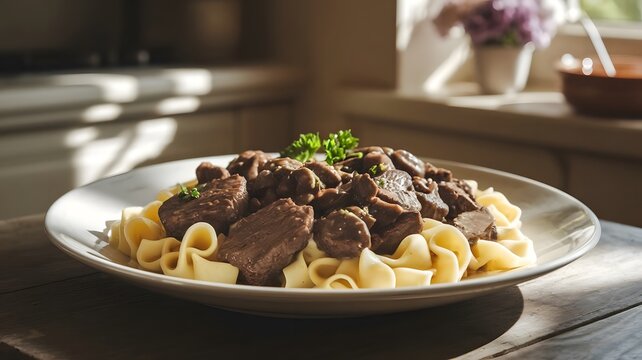 A comforting plate of beef stroganoff, featuring tender beef strips cooked in a rich, creamy mushroo