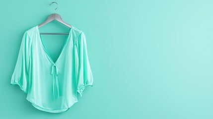Lightweight silk pajama romper with adjustable straps, displayed on a metallic hanger, isolated on a pale mint green background