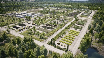 Rural landscape aerial view showcasing agricultural machinery, diverse crops, and hilly background, ideal for farming industry