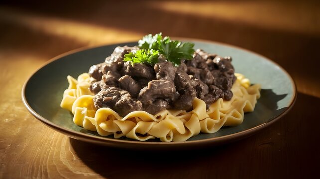 A comforting plate of beef stroganoff with tender beef strips cooked in a creamy mushroom sauce, ser