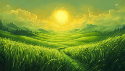 Serene Green Landscape Sunlit Rolling Hills and Grassy Path