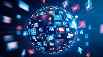 Global digital media sphere rotating, data streams, network, futuristic technology concept