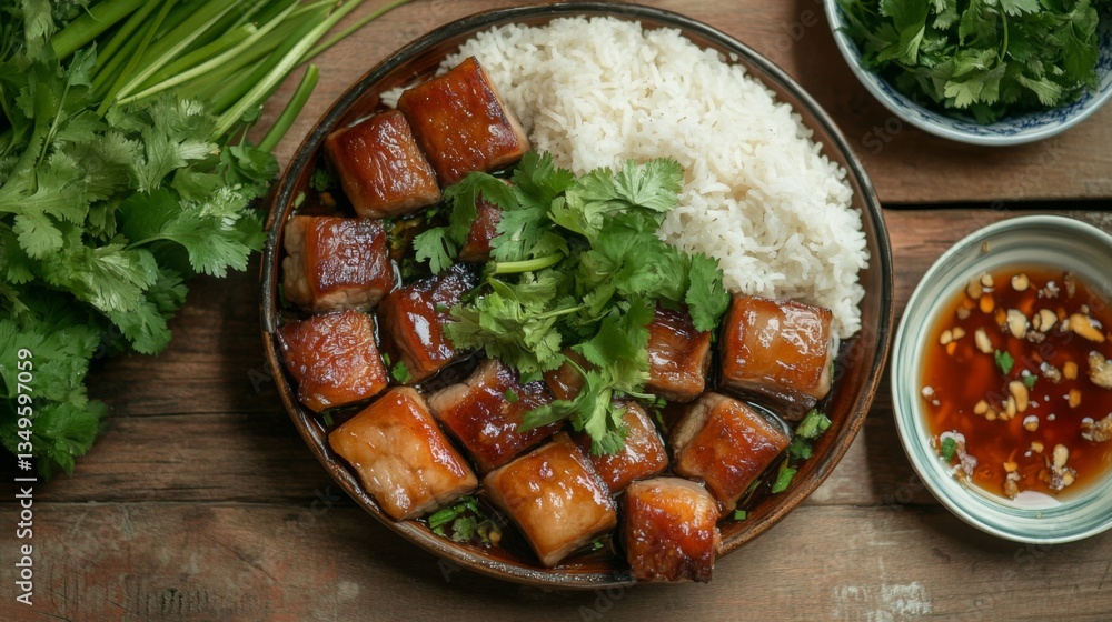 Aufkleber a cozy setting featuring a serving of pork belly with fish sauce, garnished with fresh herbs and acc