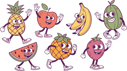 Fototapeta premium Retro groovy fruit characters. Fruits juicy sticker pack. Funky cartoon mascot of watermelon grape cherry banana strawberry with happy smile face & hands and feet. Vintage summer SVG vector illustrati