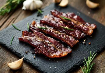 Deliciously prepared beef jerky slices garnished with herbs and garlic on a rustic slate plate for a mouthwatering food presentation