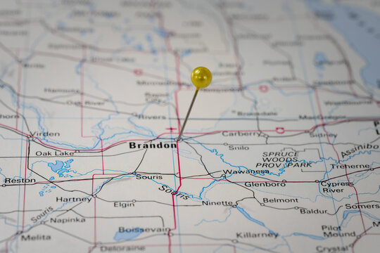 Colorful tourist location map with yellow stick pin at Brandon, Manitoba, Canada and the surrounding area