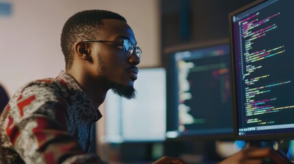 Fototapeta premium Focused Programmer Coding Late Night