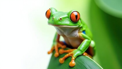 Naklejka premium Green tree frog perched on white, vibrant detail, tropical, amphibian, wildlife