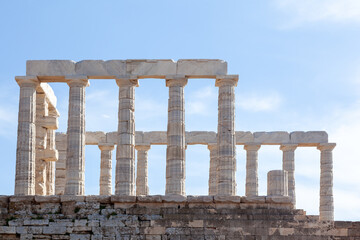 Temple of Poseidon at Sounio Cape, in south Attica region, Greece, Europe. The temple was built in 5th century BC and was dedicated to the god of sea. 