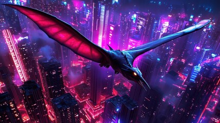 Fototapeta premium Futuristic creature soaring through neon cityscape at night.