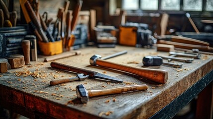 Wooden workshop tools on workbench, sawdust,  window light. Use Craftsman background