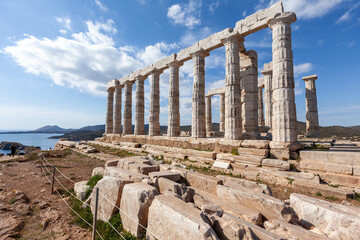 Temple of Poseidon at Sounio Cape, in south Attica region, Greece, Europe. The temple was built in...