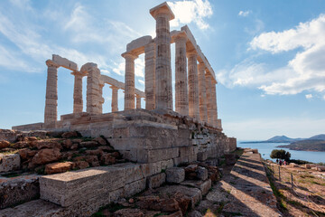 Temple of Poseidon at Sounio Cape, in south Attica region, Greece, Europe. The temple was built in...