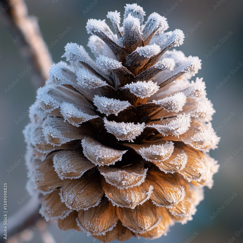 Poster close up of a frosted pine cone on a branch with a blurred background in a macro photography shot