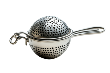 A gleaming metal tea infuser waits patiently to brew a fragrant cup promising cozy moments and warmth on a dark backdrop with bright studio lighting