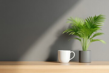Simple, modern workspace with a touch of greenery. A white mug and a potted palm plant sit on a light wooden surface against a dark gray wall, bathed in natural light