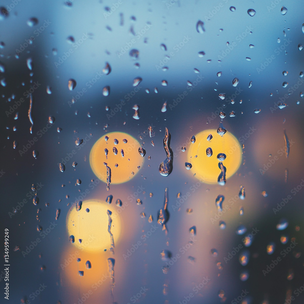 Aufkleber rain droplets on a window with blurred yellow lights in the background creating a moody atmosphere